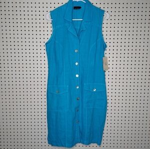 High Drama Linen Full Button Shirt-Dress 8 Sleeveless Collar Pocket Turquise 90s